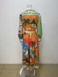 EVE Plus Size Printed Lantern Sleeve Belted Shirt Dress GMAN-28068
