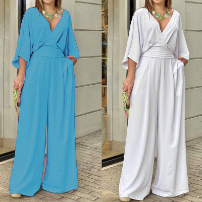 EVE Plus Size Solid Color V Neck Jumpsuit GMAN-22145