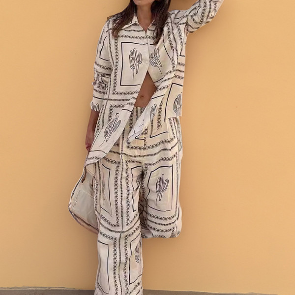 EVE Plus Size Long Sleeve Print Shirt Loungewear Pants Suit GMAN-28613