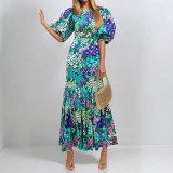 EVE Plus Size Lantern Sleeve Printed Long Dress GMAN-29013