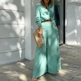 EVE Plus Size Long Sleeve Solid Color Shirt Two Piece Pants Set GMAN-8777