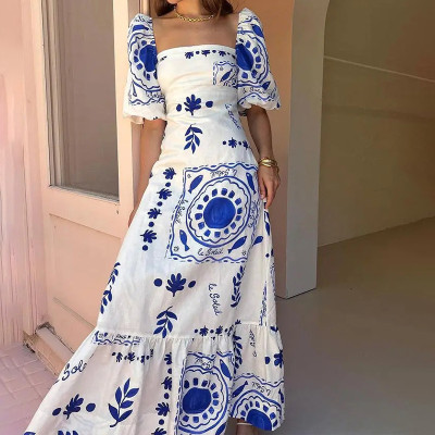 EVE Plus Size Printed Lantern Short Sleeve Big Hem Maxi Dress GMAN-28338-28335