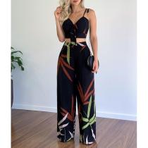 Plus Size Print Sling Tops And Wide Leg Pants Suit GMAN-8258