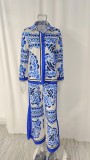 EVE Plus Size Print Long Sleeve Shirt Two Piece Pants Set GMAN-24509