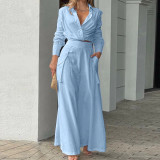 EVE Plus Size Long Sleeve Solid Color Shirt Two Piece Pants Set GMAN-8777