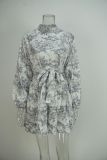 EVE Plus Size Long Sleeve Tie Up Print Midi Dress GMAN-28391