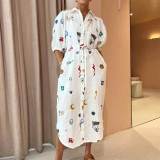 EVE Plus Size Print Tie Up Lapel Shirt Dress GMAN-25113