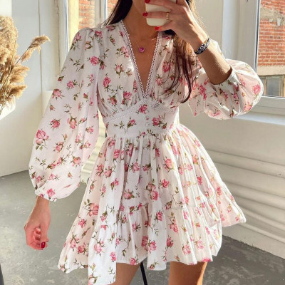 EVE Plus Size V Neck Floral Print V Neck Midi Dress GMAN-8536