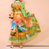 EVE Plus Size Printed Lantern Sleeve Belted Shirt Dress GMAN-28068