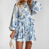 EVE Plus Size Long Sleeve Tie Up Print Midi Dress GMAN-28391