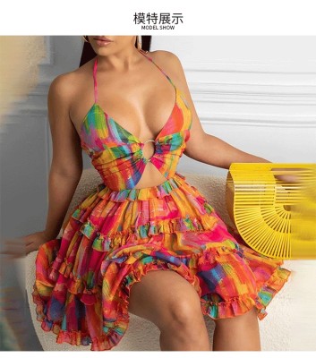 EVE Plus Size Hollow Out Strappy V Neck Print Midi Dress GMAN-21503