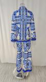 EVE Plus Size Print Long Sleeve Shirt Two Piece Pants Set GMAN-24509