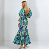 EVE Plus Size Lantern Sleeve Printed Long Dress GMAN-29013