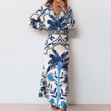 EVE Plus Size Vintage Printed V-Neck Long Sleeve Long Skirt Set GMAN-28925
