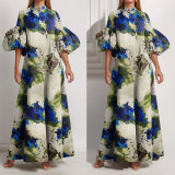 EVE Plus Size Loose Print Bubble Sleeve Maxi Dress GMAN-29008