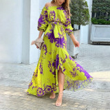 EVE Plus Size Print Slash Shoulder Lantern Sleeve Maxi Dress GMAN-8686