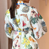EVE Plus Size Tie Printed High Waist v-Neck Long Sleeve Dress GMAN-24537