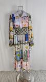 EVE Plus Size Painted Print Long Sleeve Big Hem Midi Dress GMAN-24540