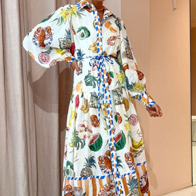 EVE Plus Size Tie Printed High Waist v-Neck Long Sleeve Dress GMAN-24537