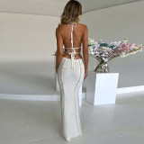 EVE Halterneck Wrap Hollow Out Splicing Lace-Up Dress GLAG-D2C11228G