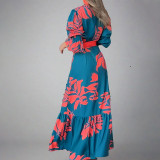 EVE Plus Size Printed Lace-Up Bubble Long Sleeve Maxi Dress GMAN-28748