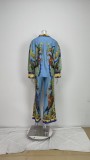 EVE Plus Size Printed Lantern Sleeve Wide Leg  Pants Fashion Suit GMAN-24930