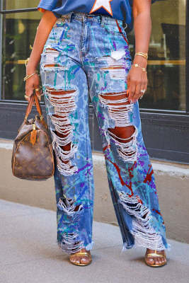 EVE Fashion Graffiti Print Holes Straight Jeans GSMJ-8003