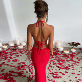 EVE Halterneck Wrap Hollow Out Splicing Lace-Up Dress GLAG-D2C11228G