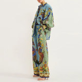 EVE Plus Size Printed Lantern Sleeve Wide Leg  Pants Fashion Suit GMAN-24930