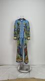 EVE Plus Size Printed Lantern Sleeve Wide Leg  Pants Fashion Suit GMAN-24930
