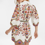EVE Plus Size V-Neck Lantern Sleeve Printed Dress GMAN-28830