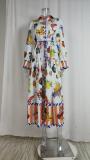 EVE Plus Size Tie Printed High Waist v-Neck Long Sleeve Dress GMAN-24537