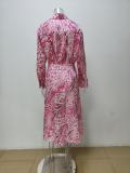 EVE Plus Size Print Lapel Shirt Long Skirts 2 Piece Set GMAN-28523