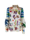 EVE Plus Size Printed Lapel Single Breasted Lantern Sleeve Shirt GMAN-24631