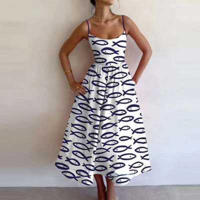 EVE Plus Size Fashion Printed Pleated Big Hem Camisole Dress GMAN-28744