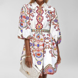 EVE Plus Size V-Neck Lantern Sleeve Printed Dress GMAN-28830