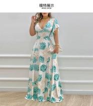 EVE Plus Size V Neck Pirnt Ruffles Sleeve Maxi Dress GMAN-9040