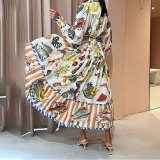 EVE Plus Size Tie Printed High Waist v-Neck Long Sleeve Dress GMAN-24537