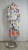 EVE Plus Size Tie Printed High Waist v-Neck Long Sleeve Dress GMAN-24537