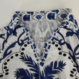 EVE Plus Size Vintage Printed V-Neck Long Sleeve Long Skirt Set GMAN-28925