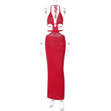 EVE Halterneck Wrap Hollow Out Splicing Lace-Up Dress GLAG-D2C11228G