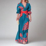 EVE Plus Size Printed Lace-Up Bubble Long Sleeve Maxi Dress GMAN-28748