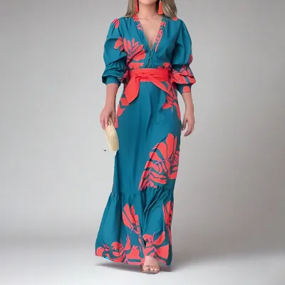 EVE Plus Size Printed Lace-Up Bubble Long Sleeve Maxi Dress GMAN-28748