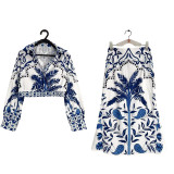 EVE Plus Size Vintage Printed V-Neck Long Sleeve Long Skirt Set GMAN-28925