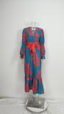 EVE Plus Size Printed Lace-Up Bubble Long Sleeve Maxi Dress GMAN-28748