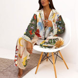 EVE Plus Size Casual Print V Neck Shirt Wide Leg Pants Suit GMAN-28308