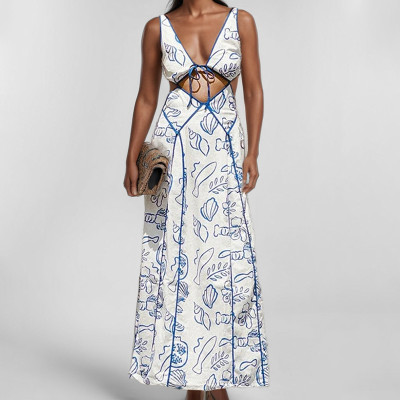 EVE Plus Size Sexy Halterneck Print Hollow Out Maxi Dress GMAN-29027