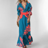 EVE Plus Size Printed Lace-Up Bubble Long Sleeve Maxi Dress GMAN-28748