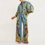 EVE Plus Size Printed Lantern Sleeve Wide Leg  Pants Fashion Suit GMAN-24930
