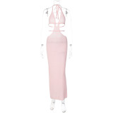 EVE Halterneck Wrap Hollow Out Splicing Lace-Up Dress GLAG-D2C11228G